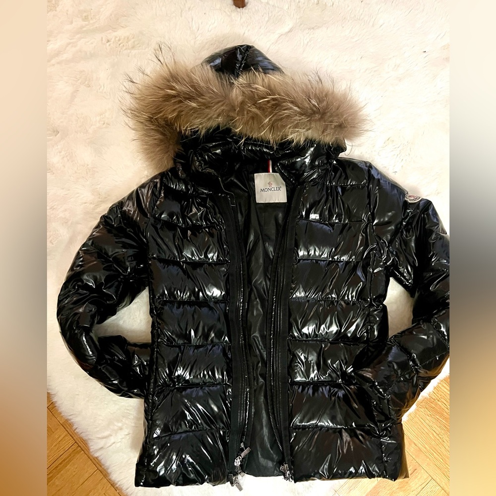 Moncler Shiny Black Puffer Jacket with Fur Trim